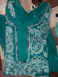 Elegant Teal Chikan Kurti with Mirror Work
