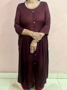 Deep Maroon A-Line Kurti - Button Detail - Size L