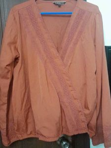 Rust Surplice Neckline Long Sleeve Blouse