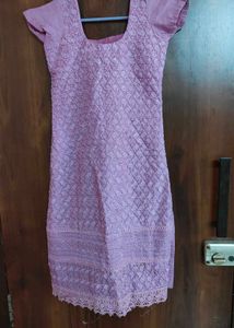 Lavender Embroidered Kurti Set With Dupatta