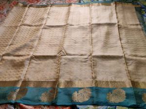 Cream And Blue Pure Silk Saree