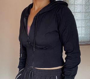 Black Cropped Zip Hoodie