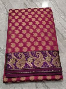 Banarasi Organza Saree With Running Blouse,. Pink Body,,, Green Pallu,, And Purple Border