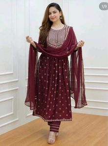 Elegant Maroon Embroidered Nayara Kat.  Suit
