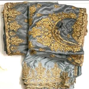 Elegant Grey & Gold Embroidered Fabric