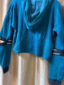 Peacock Blue Cut Sleeves Hoodie