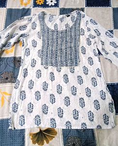 Casual Printed Women White, Light Blue Short Kurti