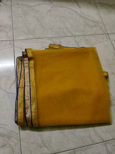 Yellow Net Dupatta with Gold Blue Border