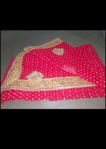 Red Bandhani Saree with Gold Embellishments