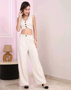 Sleeveless Textured Waistcoat With Wide Leg Pants