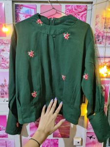 Green Floral Turtle Neck Embroidered Top