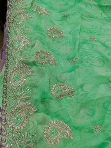 Sea Green Embellished Saree With Cut Work