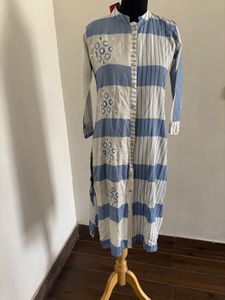 Blue &amp; White Striped Embroidered Kurti
