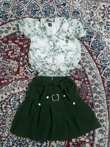 Girls' Floral Top & Green Skirt Set