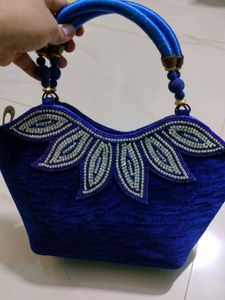 Blue Velvet Handbag With Diamonds Design