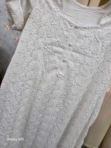 White Chickenkari Embroidered Kurti