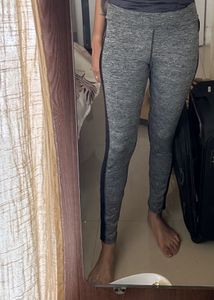 Gray Athletic Leggings with Black Stripe