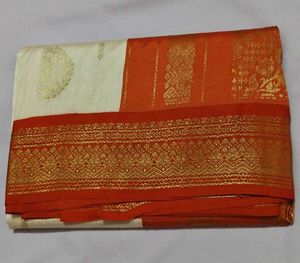 Elegant Cream & Orange Silk Saree