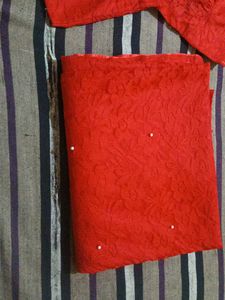 Red Blouse with Pearl Detail