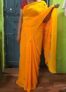 New Yellow Soft Silk Thread Work Saree For Haldi