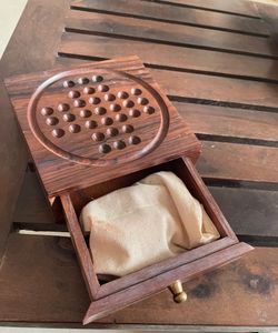 Fine Craft India Wooden Handcrafted Solitaire Board Game Metal Balls Beads with Storage Drawer (Brown, Small) for 11+ years