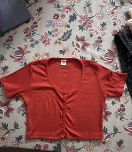 Rust Ribbed Button-Down Crop Top