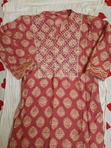 Pink Print Kurti Pant Dupatta Set With Freebies