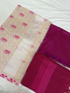 Cream And Pink Banarasi Suit Material