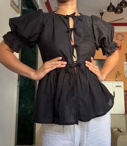 Black Puff Sleeve Tie Front Top| Korean Top