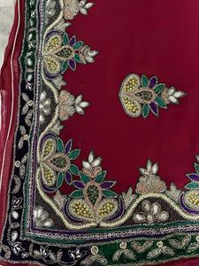 Embroidered Pearl Stone Work Maroon Sari