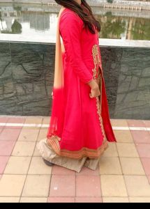 Red Kurta With Golden Skirt