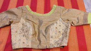 Golden Colour Blouse With Green Coloured Frill Det