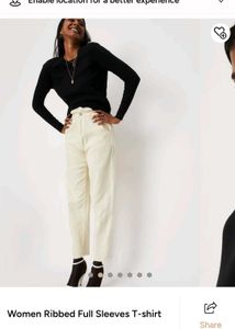 Women Ribbed Full Sleeves T-shirt - black