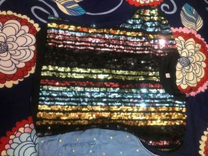 Combo Of Denim Dingri And Sequence T Shirt