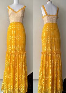 FOXIEDOXTwo-tone Crochet Maxi Gown In Yellow/ivory