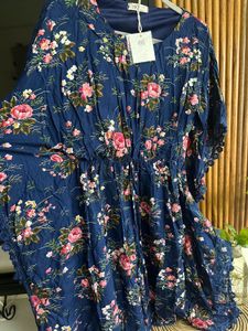 Blue Floral Print Mini Kaftan, Size 36-38