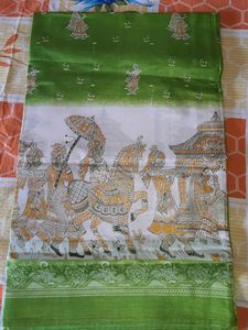 Green & White Illustrated Saree