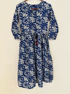 Blue Floral Printed Kurti with Drawstring Waist