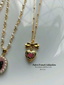 Floral Heart Locket Pendant Long Chain Necklace