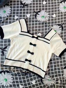 White Cropped Bow Top With Black Ribbons