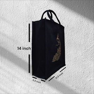 BEAUTIFUL (Peacock) CANVAS BLACK TOTE/LUNCH BAG