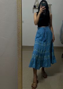 Linen Blue Embroidered A-Line Skirt