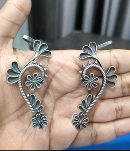 Silver oxidised floral earcuffs