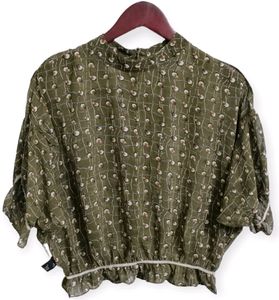 Olive Green Patterned Ruffle Sleeve Blouse