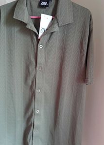 Zara Olive Green Patterned Button-Down Shirt