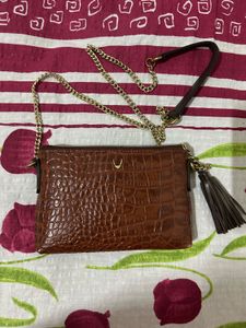 Brown Croc-Embossed Chain Bag