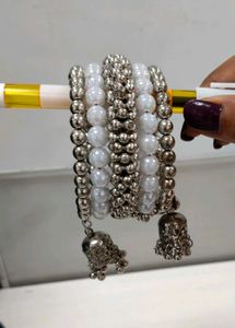 Silver &amp; Pearl Bangles Combo Of 3