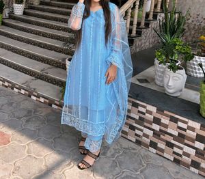 On Sale💥Sky Blue Net Embroidered Kurta Set