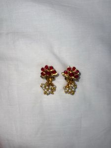 Pearl And Red Stone Earrings