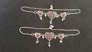 Silver Anklets with Red Stone Heart Charms